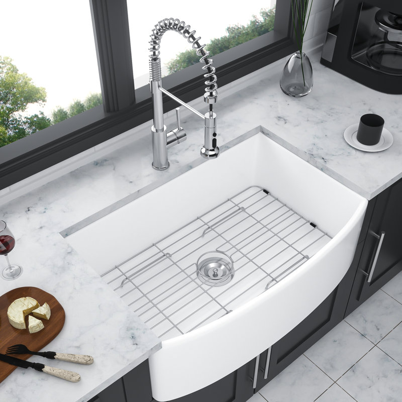 White Ceramic Kitchen Sink 33" - Arch Edge Apron Front Single Bowl Simple