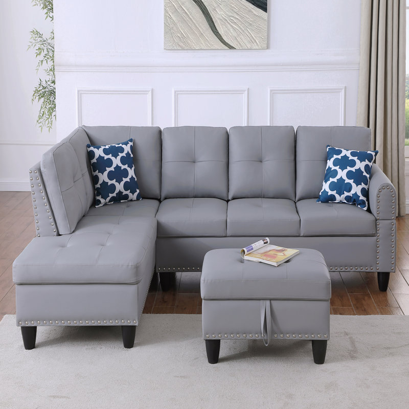 Canapé modulaire en L en similicuir avec repose-pieds avec rangement