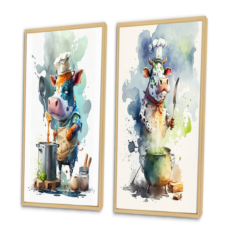 «Cuisson de la vache dans la cuisine», 2 pièces sur toile, Encadrement brun, H 32 po x l 32 po