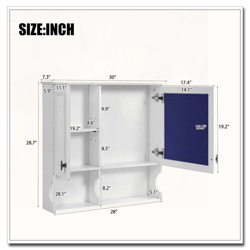 Wall Mounted Mirror Medicine Cabinet with Adjustable Shelf, White