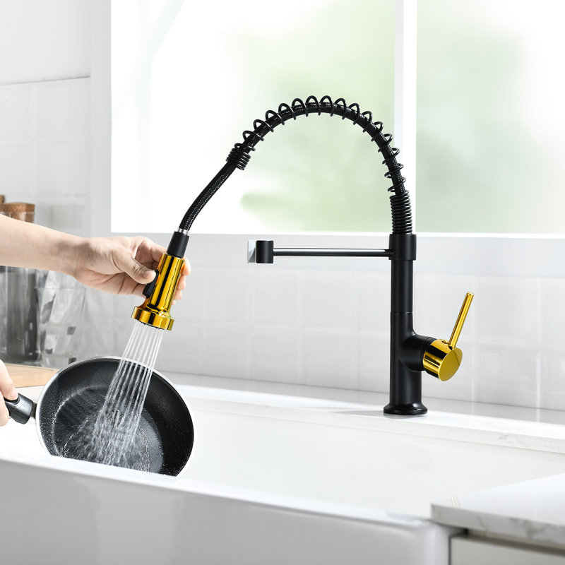 Stylish Commercial Kitchen Faucet With Pull Down In Black And Gold, Single Handle, Stainless Steel Finish, Leak- Guarantee Elegant Out Lever, Ceramic Cartridge, No Leakage Potential