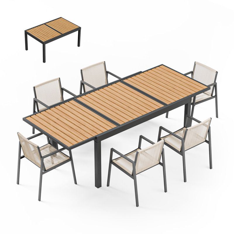 Expandable Patio Dining Table For 4-8 People, Aluminum Outdoor Square Table(55"-82.7") With Safety Lock,adjustable Height-wood Grain For Backyard,garden,porch, Yard,poolside,grey