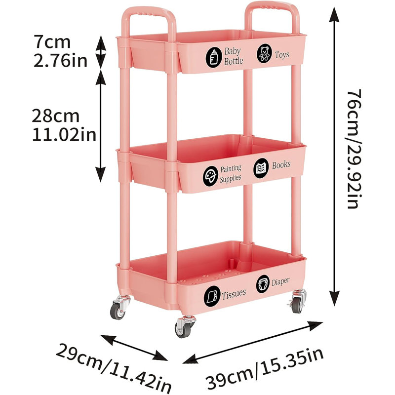 Chariot utilitaire roulant à 3 niveaux avec roues et freins, organisateur de rangement mobile multifonctionnel pour la cuisine, la salle de bain, la salle de lavage, le bureau, avec autocollants de classification