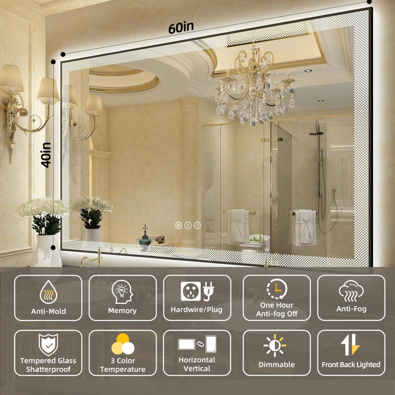 Aevar Checkerboard Framed Super Bright Front & Back LED Lighted Anti-Fog Tempered Glass Bathroom/Vanity Mirror with ETL & 3-Year Warranty