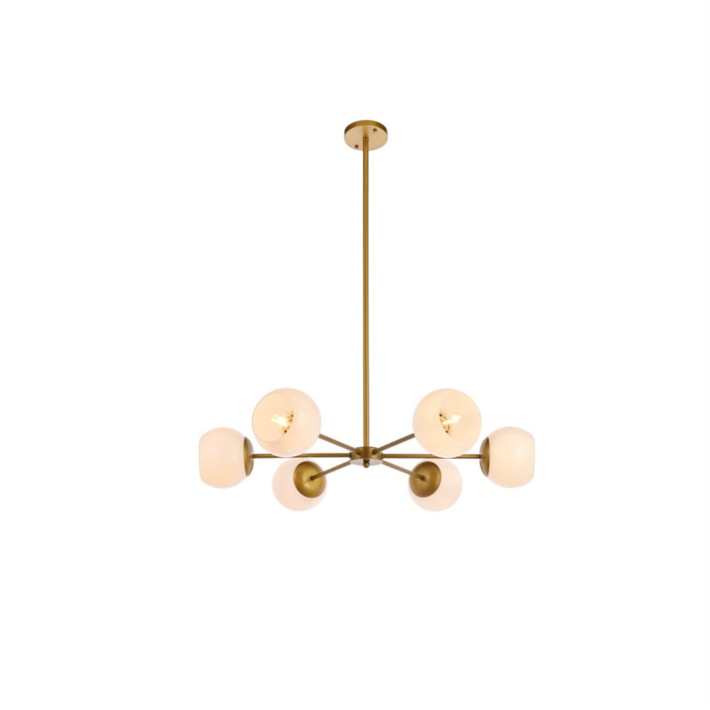 Lustre linéaire moderne Spoutnik à 6 lumières Caisha, Laiton / blanc, H 6 po x l 30 po x P 30 po