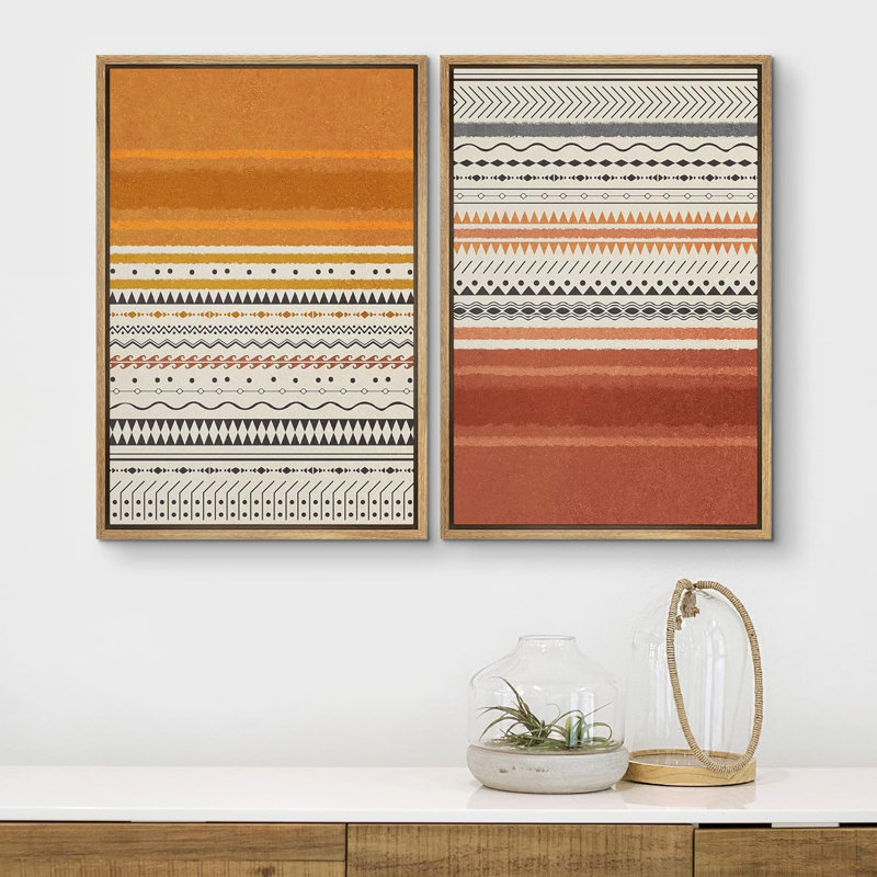 Motif géométrique géométrique du sud-ouest à motif géométrique de blocs de couleur rouille, formes abstraites, chic moderne sur toile, impression de 2 pièces