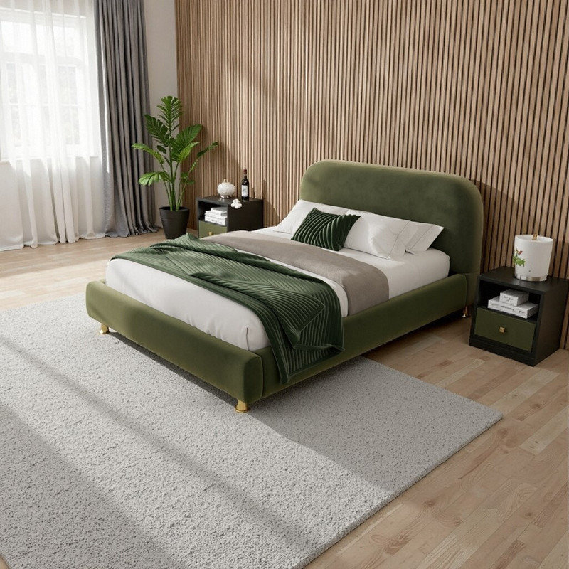 Grand lit plateforme tapissier avec tête de lit courbée en tissu de velours, aucun sommier tapissier requis