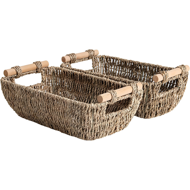 Handwoven Seagrass Storage Baskets - Natural Rectangular Wicker Bins For Bathroom, Living Room - 7" X 12.25" X 4.75" - Set Of 2