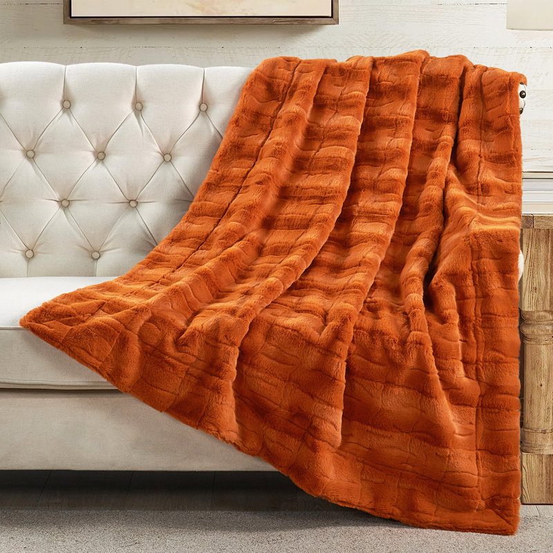 Jeté élégant en fausse fourrure, Orange brûlé, L 60 po x L 70 po