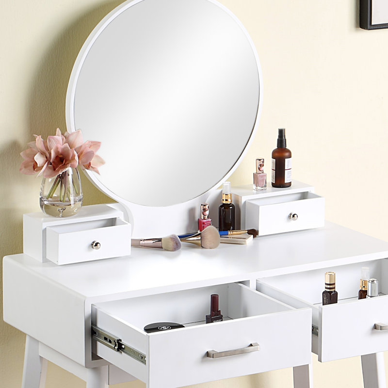 Ensemble coiffeuse et tabouret contemporain en bois, Blanc