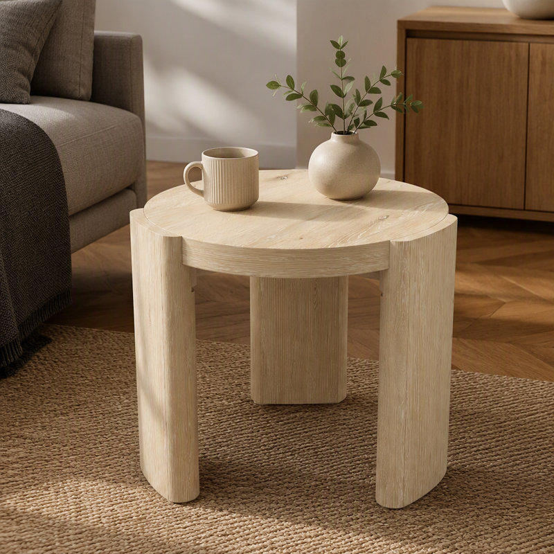 Table de bout ronde en bois, table d'appoint naturelle à trois pieds