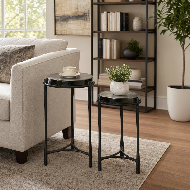 Everly Quinn 2-Pieces Adonia Gunmetal Recycled Glass Accent Table, Silver