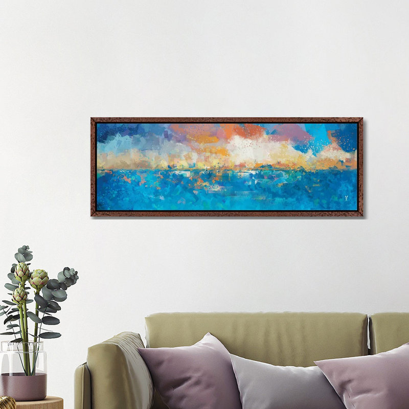 Sunset Seascape I by Van Credi - Panoramic Painting on Canvas, 40.64cm H x 121.92cm W x 3.81cm D, Classic Brown Wood Framed
