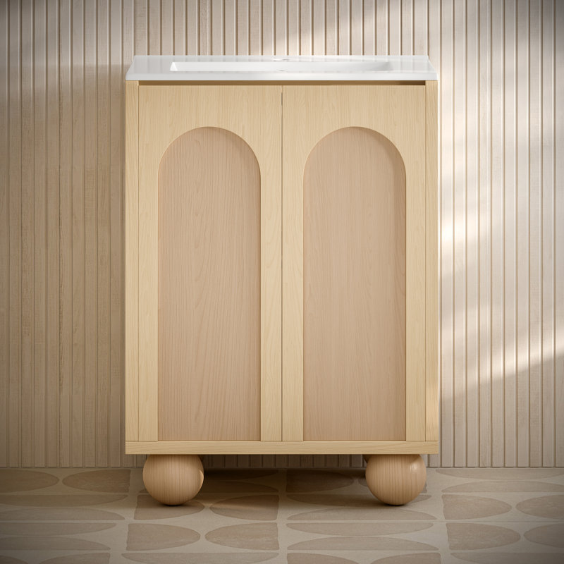 Plaisir II 24" Natural Oak Freestanding Bathroom Vanity with White Ceramic Sink Top