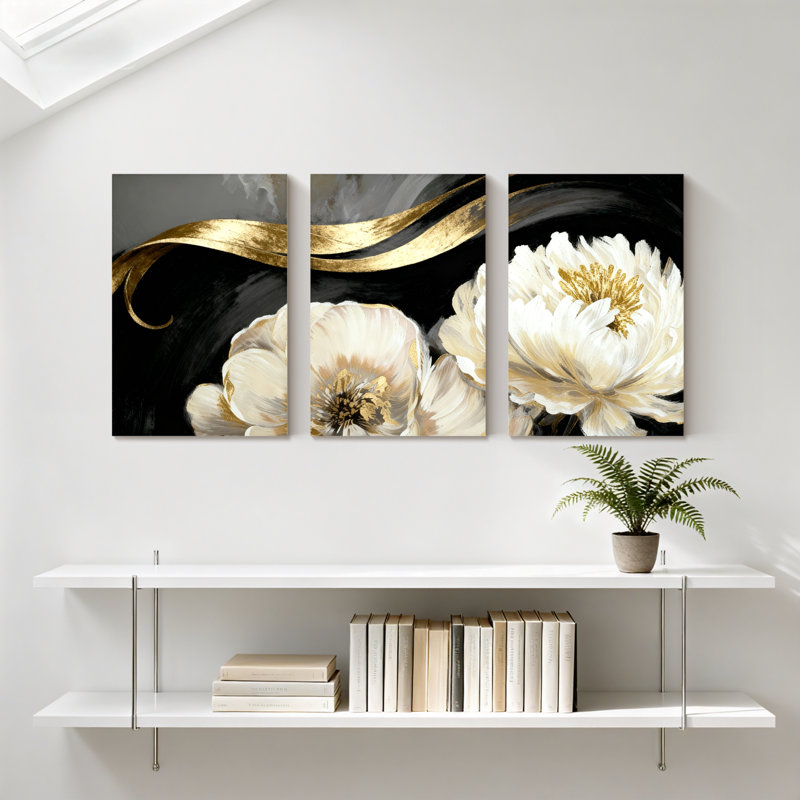 Pivoine Vague dorée fleurs blanches sur fond noir, ensemble de 3 impressions sur toile, H 18 po x l 36 po