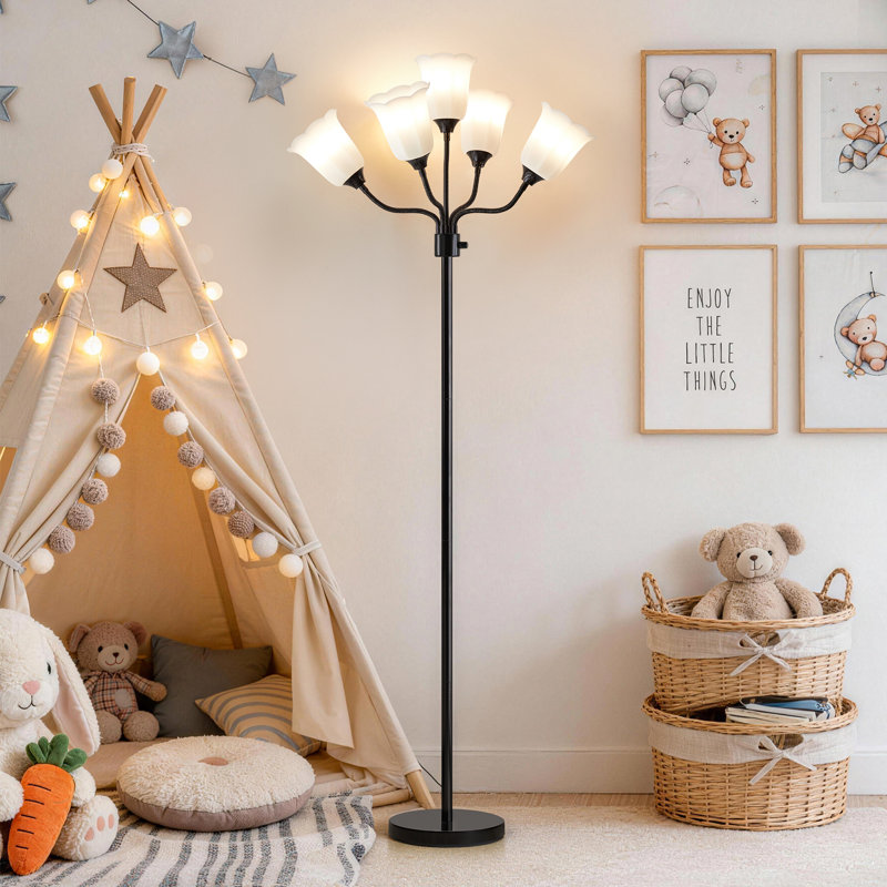 Enjy 67" Multi Head Modern LED Kid Floor Lamp with Adjustable Gooseneck Standing, Black, White