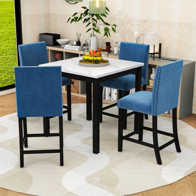 Modern 5-Piece Faux Marble Counter Height Dining Table Set with Velvet Upholstered Chairs