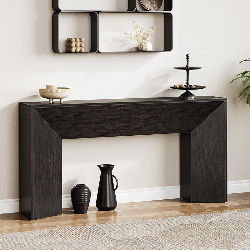 Console très longue de 63 pouces de style campagne moderne, table d'entrée en bois noir pour le couloir et le salon, facile à assembler
