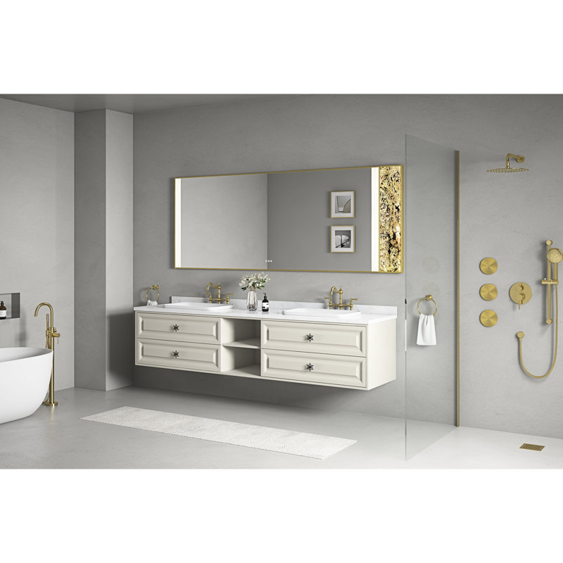 Miroir de salle de bain 96 po x 36 po à DEL avec dossier, brouillard fixé au mur, grand brouillard réglable, cadre en aluminium, meuble-lavabo à mémoire de forme ajustable, doré