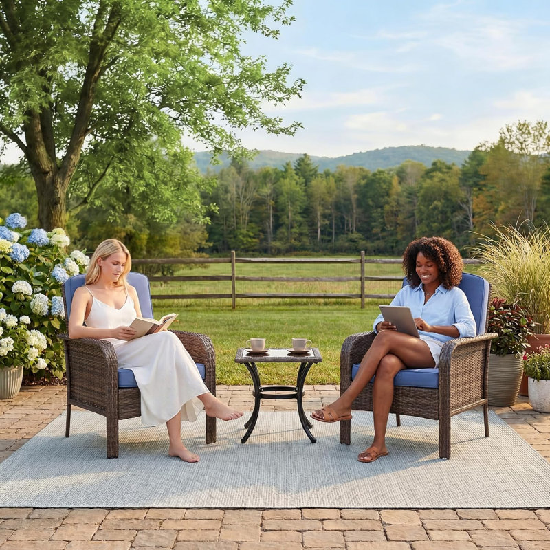 2-Piece Patio Lounge Chairs, Rattan Chairs with Cushions for Backyard Porch, Blue, Brown