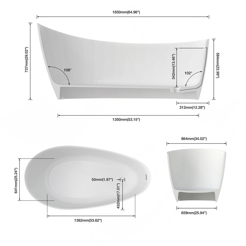 Baignoire de trempage à surface solide 65 po, baignoire autoportante profonde, Blanc mat, Center