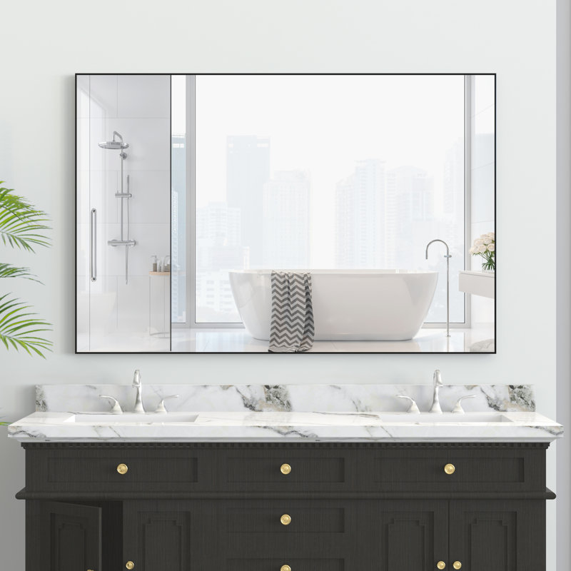 Miroir décoratif 48 po x 32 po avec cadre noir résistant aux intempéries pour différentes pièces comme la salle de bain, la chambre à coucher, le salon et le vestibule