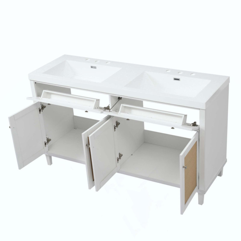 Meuble-lavabo de salle de bain avec lavabo double (lavabo SMC), grand espace de rangement avec 2 plateaux rabattables / tiroirs rabattables et 4 portes à fermeture douce, pieds en bois massif et boutons en métal argenté
