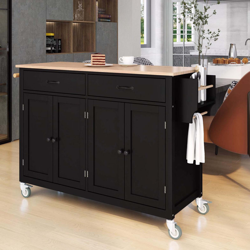 Chariot pour îlot de cuisine avec plateau en bois massif et roulettes verrouillables, largeur de 54,3 pouces, armoire à 4 portes et deux tiroirs, support à épices, porte-serviettes (noir)