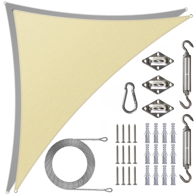 Beige 12' Triangle HDPE Patio Shade Sail with Stainless Steel D-Rings