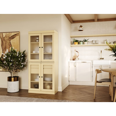 100% Solid Wood 32" Pantry Cabinet with Frosted Glass Doors, 2-Drawers and Adjustable Shelves by Latitude Run