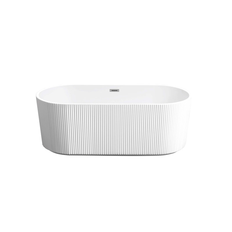 59"Linear Acrylic Freestanding Bathtub Stand Alone Soaker Tub, Glossy White Acrylic, POP-UP Chrome Drain