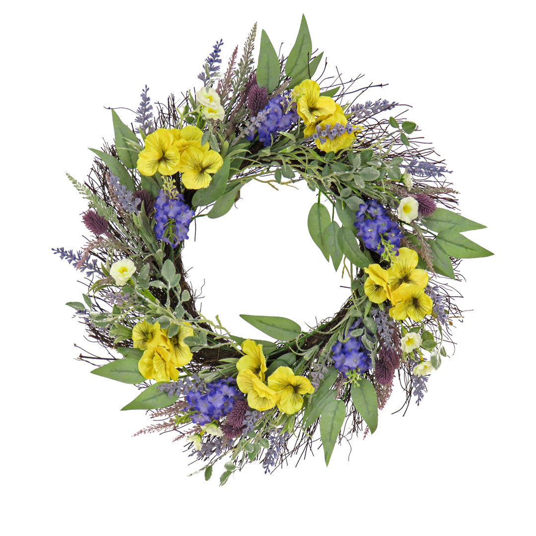 22 inch Artificial Spring Wreath with Pansy Blooms, Lavender, and Assorted Blossoms, Realistic Floral Decoration for Front Door or Indoor Décor The Holiday Aisle®