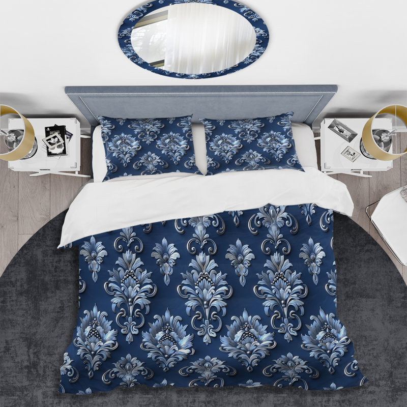 Ensemble de housse de couette bleu et beige Glamour Damask - Glam, Housse de couette pour grand lit + 2 taies décora