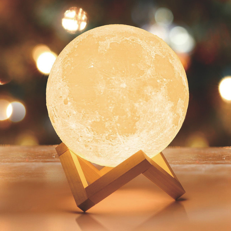 3D Moon Lamp with 7.1' Wooden Base,LED Night Light, Mood Lighting with Touch Control Brightness