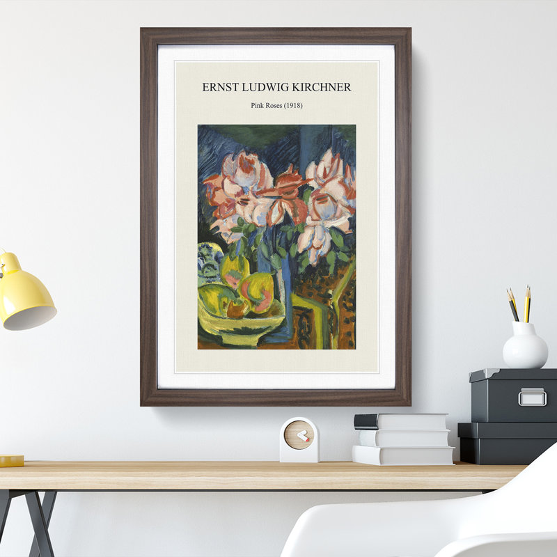 Pink Roses Print by Ernst Ludwig Kirchner - Picture Frame Painting, 48cm H x 36cm W x 2cm D, Walnut Framed
