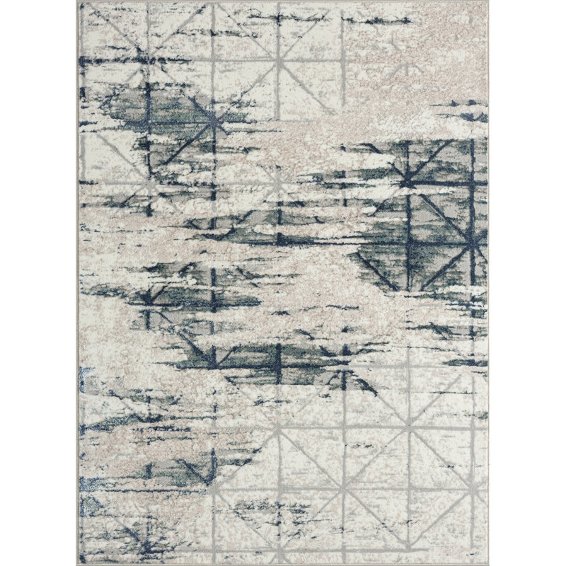 Performance Modern Industrial Gray/Ivory/Blue Geometric Abstract Rug, Rectangle 2'2" x 3'
