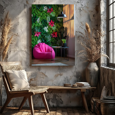 Canvas A Vibrant Indoor Scene Featuring A Wall Adorned With Lush Wall Art Tropical Foliage In Varying Shades Of Green And Bright Pink Canvas Wall Art