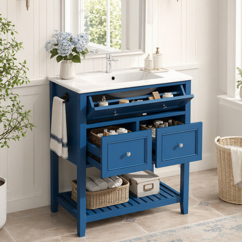 Meuble-lavabo simple de 76 cm avec comptoir en céramique et en pierre, Marine