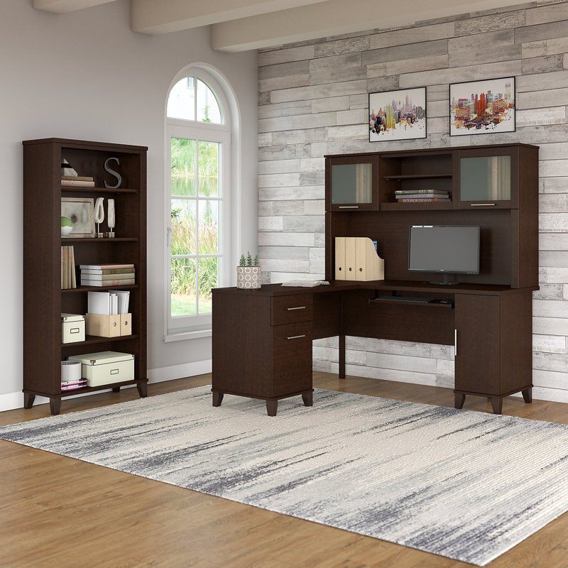 Ensemble de bureau d'ordinateur en L 3 pièces avec rehausse Magomed, Cerise mocha