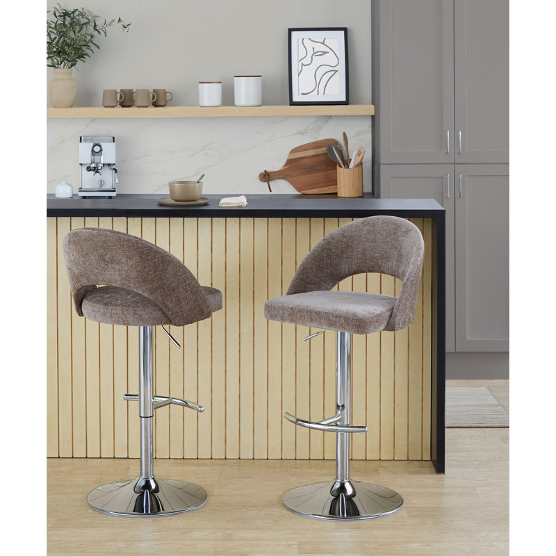 Tabouret de bar réglable avec pivot, Chrome, Brun / tissu