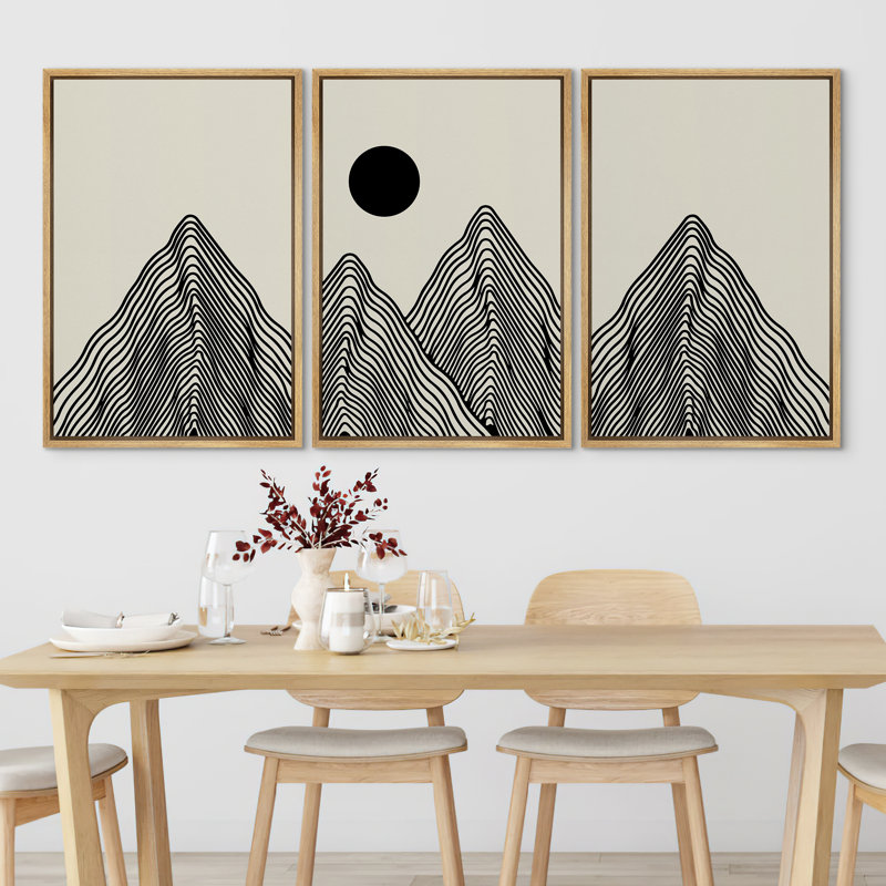 Modern Geometric Landscape Black and Beige Framed Canvas Art Set