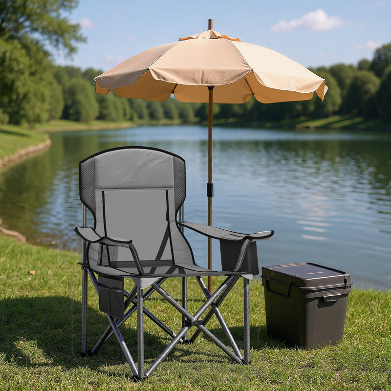 Folding Camping Chair, Adjustable Armrests With Cooler Bag, Storage Bag, Gray