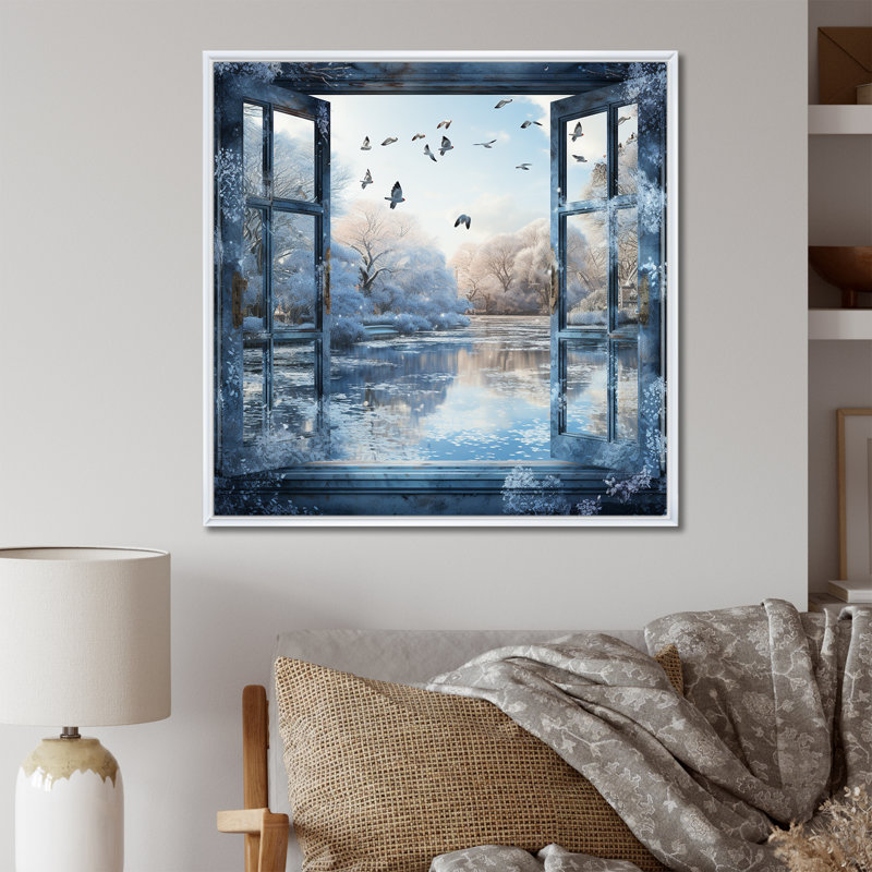 «Winter Window By The Lake - Winter Landscape», art mural, H 36 po x l 36 po x P 1,5 po, Cadre flottant blanc