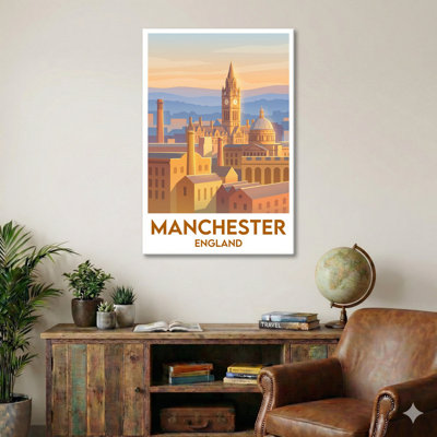Manchester, England - Golden Hour Skyline Travel Poster Celebrating Mills, Clock Towers And City Romance. Giclee Print On Wrapped Canvas. Wall Art, Home Decor - Cities & Towns, England - Wrapped Canvas Print