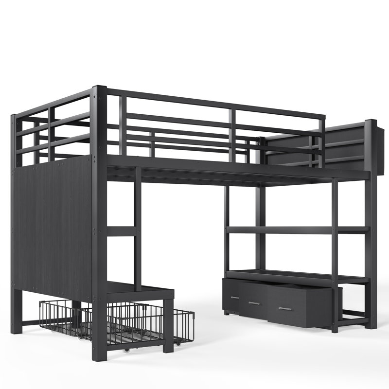 Lit mezzanine double en métal Nestle pour enfants avec tiroir de rangement et tablette, Black