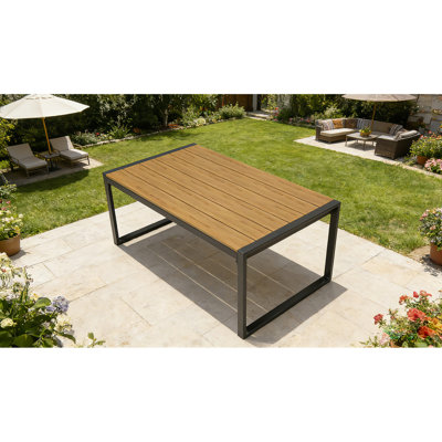 Steel Outdoor Patio  Table, All-Weather Patio  Tables for Outside with PS Wood-Like Table Top, Modern Rectangle Coffee Table for Porch, Balcony, Deck,