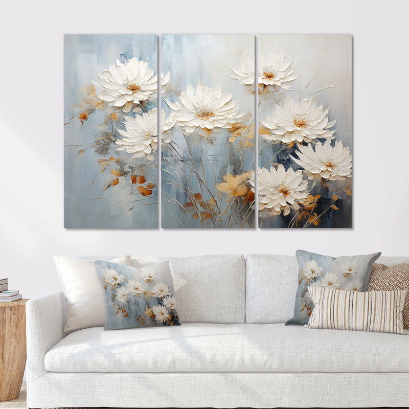 «White and Blue Chrysanthemums Painted Ink IV - Chrysanthemums», ensemble de reproduction d'art mural, Toile tendue