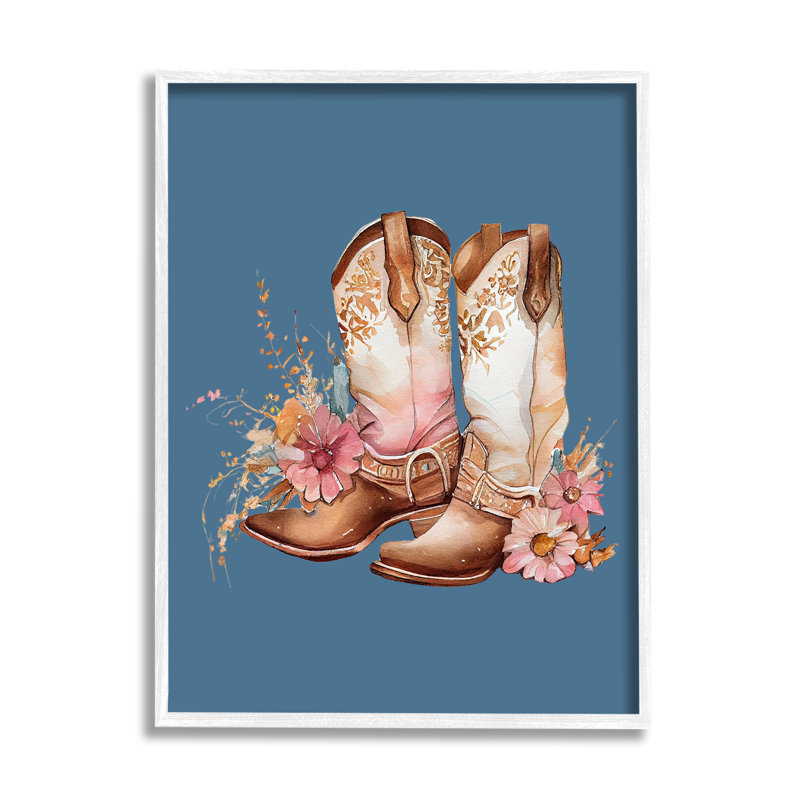 Bottes de cow-boy florales sur fond bleu, Giclée encadrée blanc bord de mer, H 20 po x l 16 po x P 1,5 po