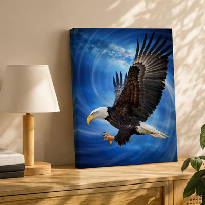 Toile, un majestueux aigle à tête blanche chauve à travers un ciel dramatique, art mural entièrement déployé, présentant des détails de plumes complexes dans des tons d'art mural