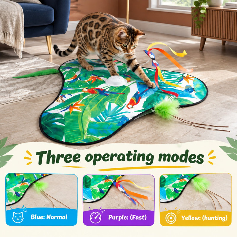 Ce jouet interactif rechargeable vert combine une fonction de couinement réaliste avec des plumes cachées mobiles, et utilise une activation tactile pour faire faire de l'exercice aux chats et chatons adultes d'intérieur qui s'ennuient.